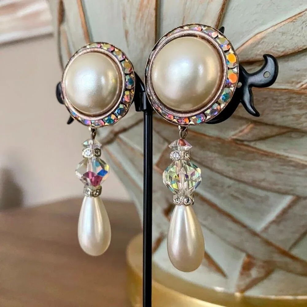 Vintage Faux Pearl Aurora Borealis Drop Earrings - Picture 2 of 4